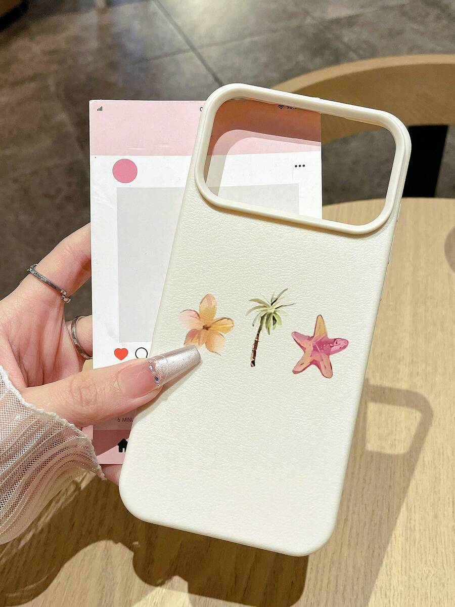 热带海滩椰树和海星手机壳，米色仿皮防摔防刮防指纹极简手机壳，夏季度假风时尚手机壳，适合作为节日/毕业/生日礼物，日常百搭手机壳，兼容/ - 白色 - 查看 1