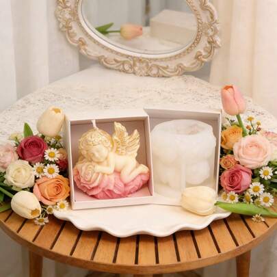 用于制作花朵天使蜡烛的硅胶浇铸模具，带玫瑰花细节和翅膀的天使蜡烛模具，天使混凝土石膏模具，适用于DIY工艺品，耐用且易于清洁，可用于制作蜡烛工艺品，柔韧、耐用且无异味，适合家居装饰。