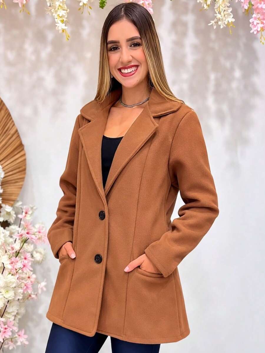 Elegant Women's Wool Coat With Buttons And Structured Fit - Camel - View 1
