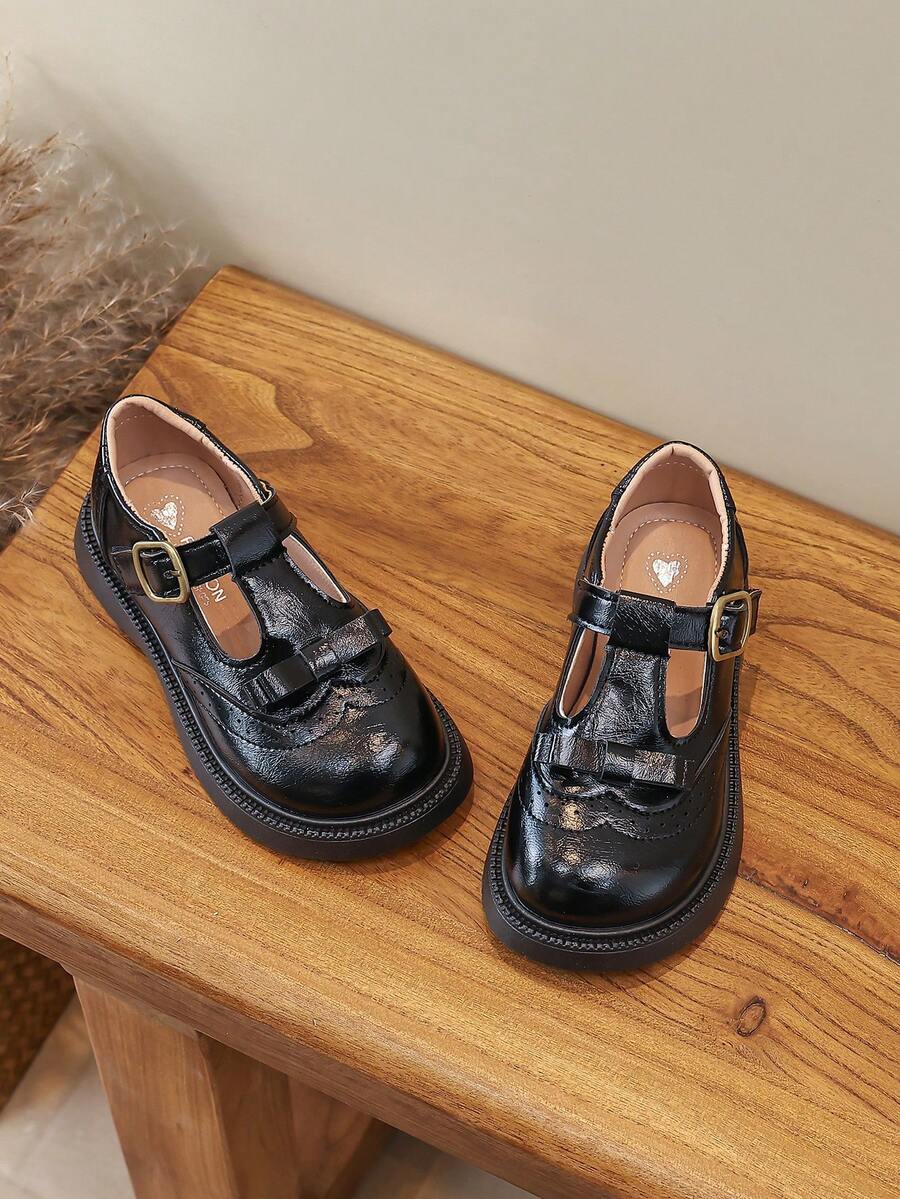 Girls' British Style Leather Shoes, T-Strap, Brogue Carving, Versatile School Shoes For Spring & Autumn - Black - View 1