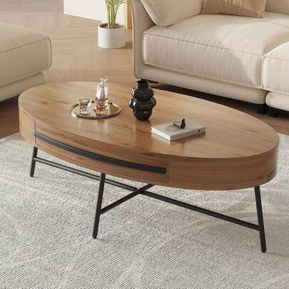 Mesa de café oval con cajón, mesa central de madera moderna de mediados del siglo de 47, 2" con almacenamiento, diseño curvado y patas de metal cruzado para la sala de estar