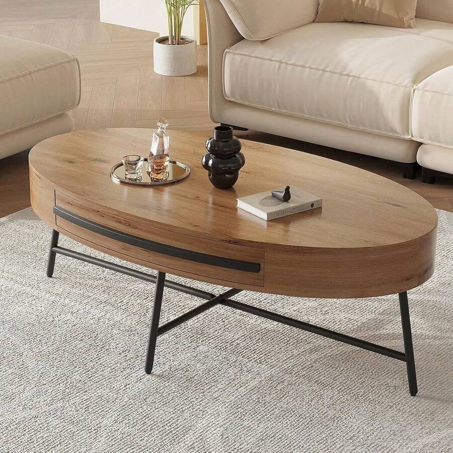 Mesa de café oval con cajón, mesa central de madera moderna de mediados del siglo de 47, 2" con almacenamiento, diseño curvado y patas de metal cruzado para la sala de estar - Marrón - Ver 1
