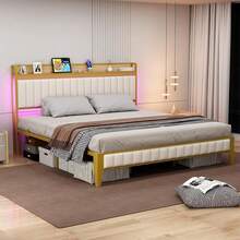 Marco de Cama tamaño King con cabecera de Almacenamiento, Marco de Cama con Plataforma LED con estación de Carga, sin Necesidad de Caja de Resorte, fácil Montaje, Color Blanco - Rey - Ver 4
