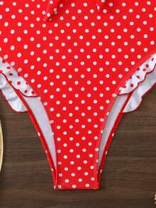 Women's High Elasticity Polka Dot One-Piece Swimsuit With Ruffle Trim Decor Vacation Beach Red Summer - Red - View 5