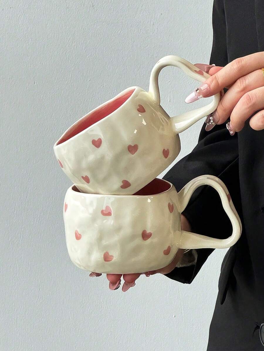 1pc Minimalist Handpainted Heart Ceramic Mug, Korean Ins Style Asymmetrical Handpainted Heart Ceramic Mug With Multicolor Heart, Cloud And Flower Patterns, Ideal For Afternoon Tea, Milk, Latte And Coffee