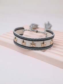 1 pieza Pulsera tejida de moda con tachuelas en forma de estrella de cinco puntas - Blanco y Negro - Ver 2