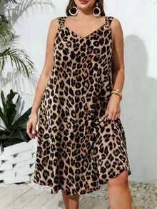 Plus Size Leopard Print Loose V-Neck Midi Dress, Flattering Sleeveless Vacation Style For Women Elegant Summer - Brown - View 3