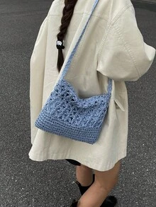 Summer Fashion Versatile Casual Handwoven Large Capacity Beach Straw Crossbody Bag - Blue - View 8