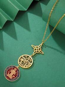 TEAMER 1件男女通用复古不锈钢女巫结和五芒星圣本笃奖章吊坠项链，幸运护身符宗教饰品 - 時尚系列 - 查看 2