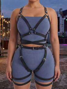 一套成人黑色性感连体紧身衣，带束缚带，异域风情性感服装，适合派对、音乐节、万圣节等场合 - 黑色 - 查看 1