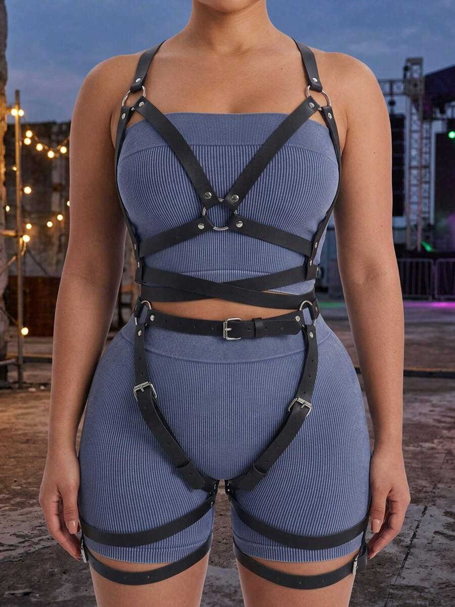 一套成人黑色性感连体紧身衣，带束缚带，异域风情性感服装，适合派对、音乐节、万圣节等场合 - 黑色 - 查看 1