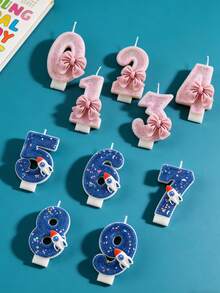 1 peça/2 peças Velas Numéricas Criativas de 0 a 9, Design de Laço Rosa e Foguete Espacial Azul Escuro, Adequado para Meninos e Meninas, Velas Decorativas para Bolos, Velas para Festas Temáticas, Ideal para Aniversários de Crianças, Aniversários e Chás de Bebê - Arco/Foguete - Visão 1