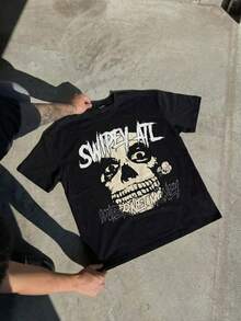 Men's Vintage Skull & Gothic Letter Print Casual Round Neck Short Sleeve Graphic T-Shirt, Breathable Comfortable Summer Wear - Black - View 2