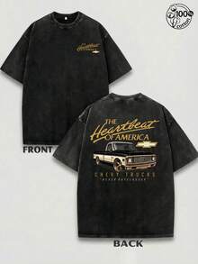 Men's Plus-Size "The Heartbeat Of America" ​​Chevrolet Pickup Graphic T-Shirt - Distressed, Washed, Vintage Streetwear Style; Loose-Fit Short Sleeve Top (230g Heavyweight Washed Cotton) - màu đen - Xem 1