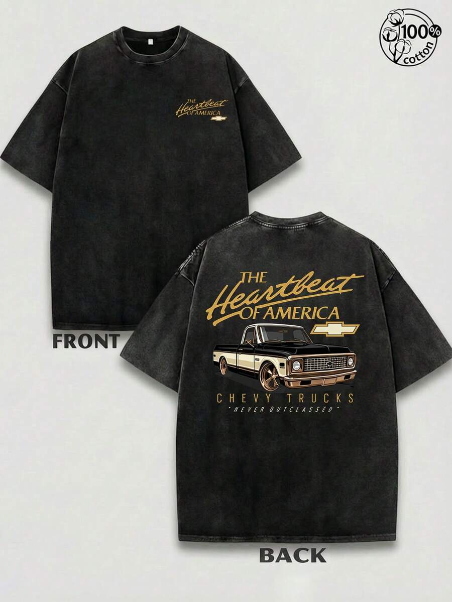 Men's Plus-Size "The Heartbeat Of America" Chevrolet Pickup Graphic T-Shirt - Distressed, Washed, Vintage Streetwear Style; Loose-Fit Short Sleeve Top (230g Heavyweight Washed Cotton) - màu đen - Xem 1