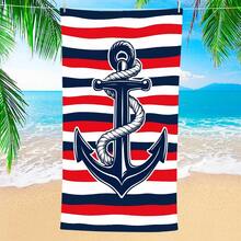 1pc Anchor Striped Beach Towel, Super Soft Fiber Extra Large Beach Blanket, Super Absorbent Bath Towel, Suitable For Travel, Swimming Pool, Diving, Surfing, Yoga, Camping, Available In Multiple Sizes, Beach Accessories For Beach, Pool, Travel, Camping, Yoga - A - View 2