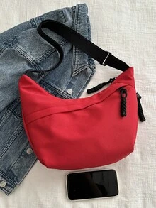 Fashionable Solid Color Nylon Waterproof Shoulder Bag, Casual Minimalist College Style, Wide Strap, Multiple Zipper Design, Suitable For Students, Shopping, Daily Use - Red - View 8
