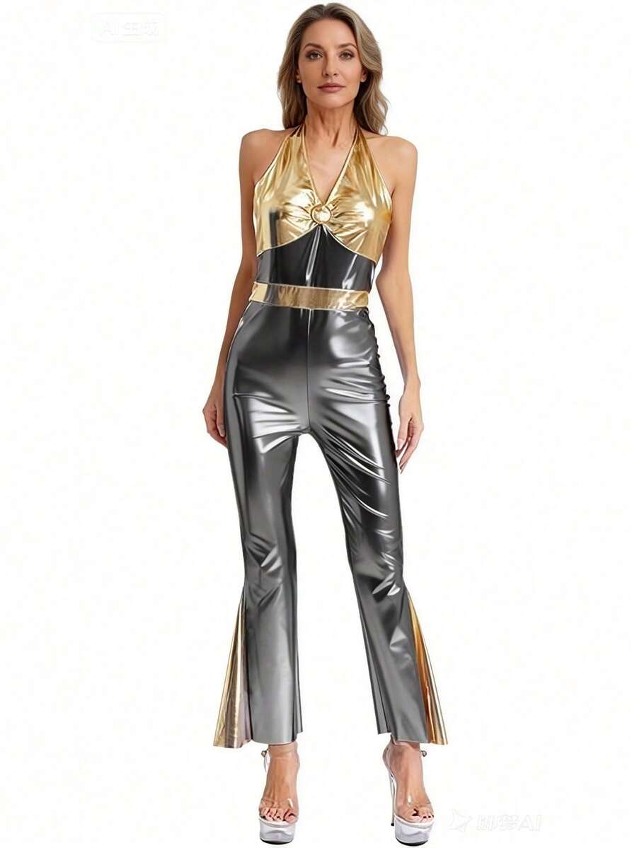 70s Retro Glitter Halterneck Jumpsuit | Gold To Grey Ombre, Modern Disco Dress For Women - Multicolor - View 1