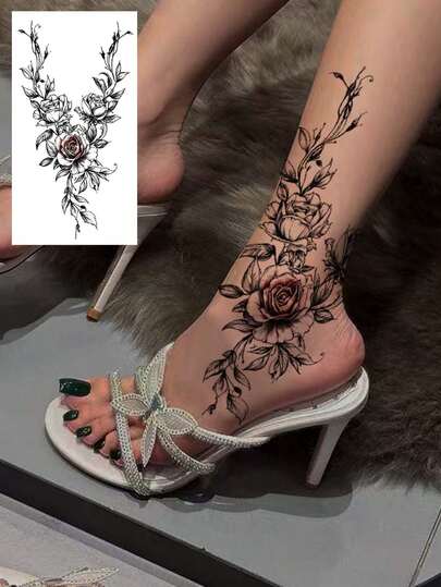 1pc Rose Cluster Temporary Paper Tattoo, Animal Tattoo Sticker, Fashionable, Realistic, Universal Body Art Tattoo, Temporary Fake Tattoo, Realistic Long-Lasting Non-Reflective Tattoo Sticker, Waterproof Sweatproof, Lasting Tattoo Sticker, Suitable For Arms, Back, Waist, Legs, Can Last 7-10 Days On Skin