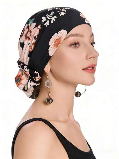 1件装花卉印花头巾帽，女士舒适贴合，日常佩戴，春季，四季皆宜，面料柔软，套头式。