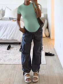 Maternity Bodysuit, Solid Color Round Neck, Minimalist Versatile Slim Fit Summer - Mint Blue - View 2
