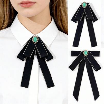 1pc Black Bowknot With Gemstone, Fashionable And Elegant Bowknot, JK School Style, Shirt Accessory, Versatile And Sophisticated For Work Attire