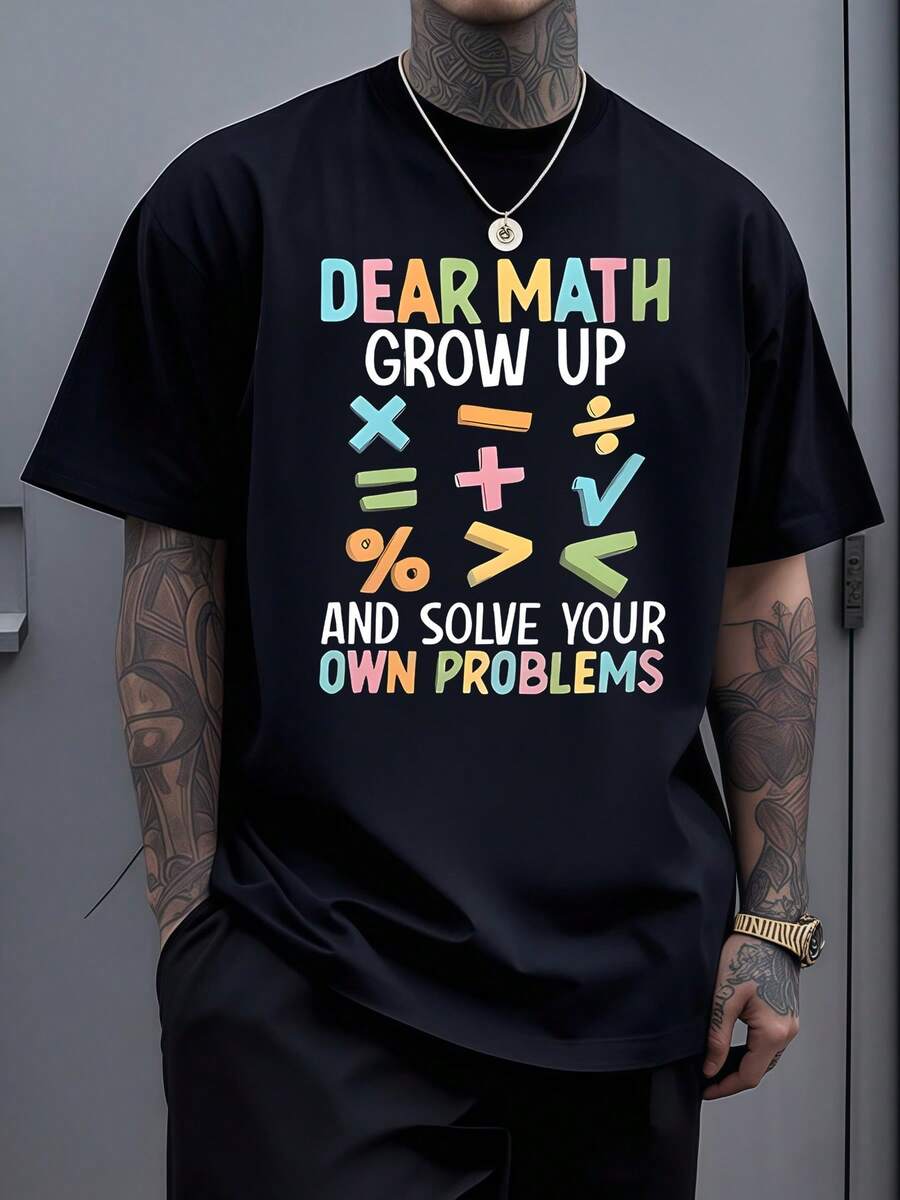 Símbolos matemáticos coloridos expresan un mensaje divertido sobre el crecimiento personal y la resolución de problemas con actitud positiva y humor educativo moderno camiseta de hombre casual cómoda para uso diario - Negro - Ver 1