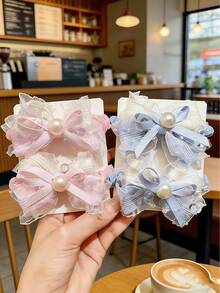 2 piezas Clips para el cabello con lazo y perla lindos para niñas, uso versátil diario, accesorios escolares, regalo para amigos - Multicolor - Ver 3