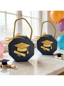 10pcs Graduation Cap Shaped Candy Gift Box Set, Ideal For Packaging Chocolates During Graduation Ceremonies. These Octagonal Mini Handled Gift Boxes Are Perfect For Parties - Multicolor - View 3