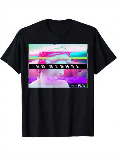 2026 Men's Retro 80s/90s Retro Glitch Synthwave T-Shirt - No Signal Pixel Art Neon Green And Pink Text Design, 100% Pure Cotton Casual Crew Neck Short-Sleeve T-Shirt, Exclusive Gaming Shirt For 8-Bit Fans And Synthwave Music Lovers Y2k