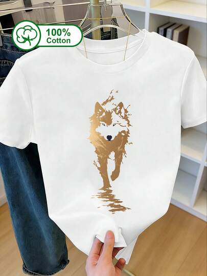 100% Cotton Women Casual Daily Short Sleeve T-Shirt, Cartoon Wolf Print, Suitable For Outdoor Wear, Summer Clothing, Graphic Printed Tee