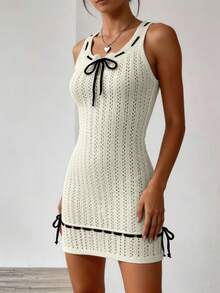 Bohemian/Vacation Style Women's Standard U-Neck Sleeveless Knit Slip Dress, Summer White Spring - White - View 3