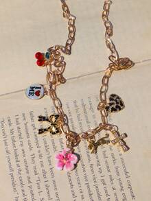 1pc Sakura Leopard Print Charm Necklace, Leopard Bow Heart Necklace, Leopard Cross Necklace, "Love Yourself" Slogan Memorial Necklace, Cute Red Cherry Necklace - Gold - View 4