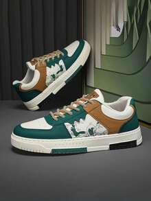 1 Pair Classic Skateboard Shoes, White Flat Casual Sneakers, Thick Sole Fashion Shoes - Green - View 1