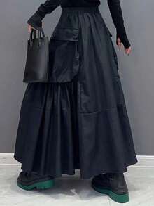 新款高腰喇叭长裙，带大口袋，时尚宽松女装，黑色春季款 - 黑色 - 查看 5