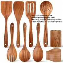 AIUHI 9件套木勺烹饪用具套装，带勺架，天然木质不粘锅厨具 - 棕色 - 查看 7