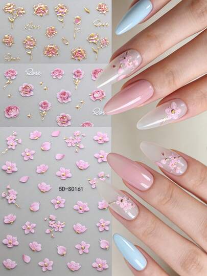 3pcs/Set Pink Sakura & Rose Nail Stickers, 5D Embossed Stamping Gold Romantic Floral Leaves Nail Decals, Self-Adhesive Nail Decorations For Women & Girls Spring Manicure