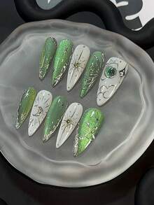 十片装绿色手工美甲，长杏仁形假指甲，奢华高端按压式假指甲，夏季假指甲，复古假指甲，女士礼物，美甲艺术，3D手工假指甲，适合女孩和女士参加派对或日常场合佩戴。 - 彩色 - 查看 3