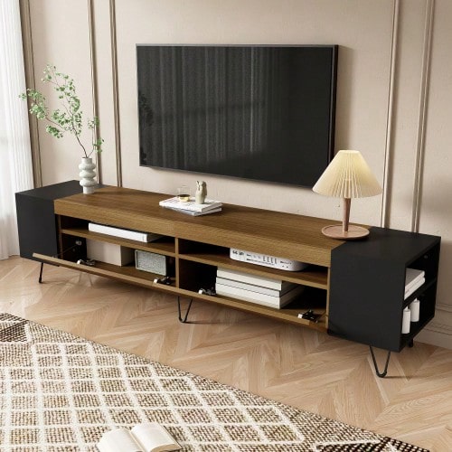 Moderner TV-Schrank, Schwarz Und Holzoptik – Length 180 Cm - Black, Wood - View 1