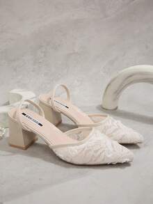 FVPFVP 2026 Zapatos de novia de malla blanca francesa bordada de verano, sandalias de tacón de gatito de encaje de tacón alto para novia - Beis - Ver 7