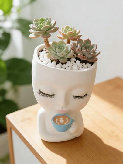 1件装装饰树脂女孩喝咖啡花盆，创意多肉植物和花卉花瓶，适合波西米亚风格家居和花园装饰，非常适合露台、玄关和卧室，迷人的树脂雕塑花盆，家居装饰，办公室装饰