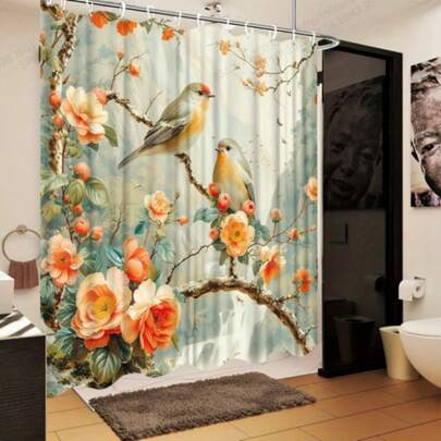 1/3/4件装水彩花鸟图案农舍风格浴帘 - 70.87x70.87英寸涤纶面料浴帘，带挂钩，仅限手洗，自然主题浴室装饰，易于维护