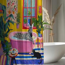 1pc Zebra & Black Cat Print Shower Curtain, High Quality Home Decor Curtain, Modern Style Bathroom Matching, All Season Shower Curtain With 12 Hooks - S2090 - View 8