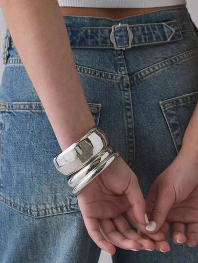 1 pieza Brazalete grueso de color plateado apilable - Brazaletes de metal gruesos minimalistas - Joyería de declaración audaz para mujeres