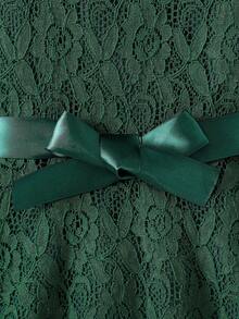 coviviky Young Girls Ruffled Cap Sleeve Round Neck Solid Color Lace Dress With Belt, Sweet, Cute, Elegant For Party, Wedding - Dark Green - View 4