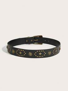 Dernière ceinture pour femmes, mat noir, boucle sculptée, rivets en forme d'étoile à cinq branches, rivets à pois, style western, compétition de cow-boy, punk du millénaire moto vintage, solide décoration de taille - Noir - Voir 3