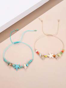 12件套夏季度假不对称绿松石碎石、海星、贝壳编织手链套装，海洋系列饰品，适合女性日常装饰、服装搭配、约会、派对、节日礼物 - 彩色 - 查看 3