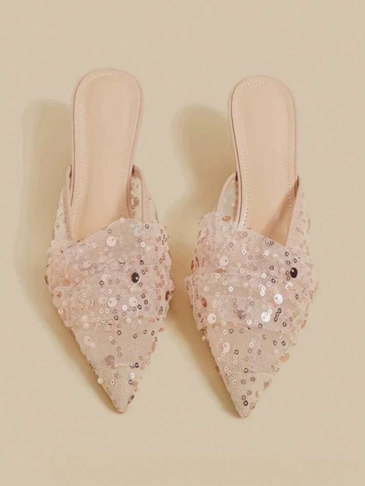 French Mesh Closed Toe Mule Sandals For Women, Pointed Toe Elegant Stiletto High Heel Slip-On Shoes For Summer - Pink - View 2