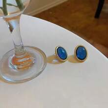 一对椭圆形几何合金耳环，极简风格 - 寶藍色 - 查看 4