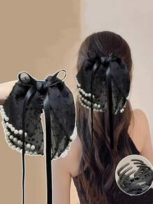 1个女士多层珍珠蝴蝶结发夹，半扎发，马尾辫，抓夹，发饰 - 彩色 - 查看 3